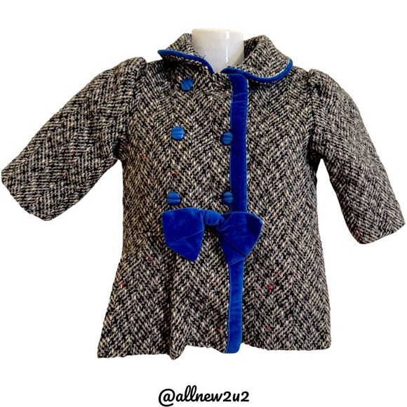 Doren Girl Vintage Coat Toddler Tweed Coat with Blue Velvet Accents Size 3 HP! - Picture 4 of 15